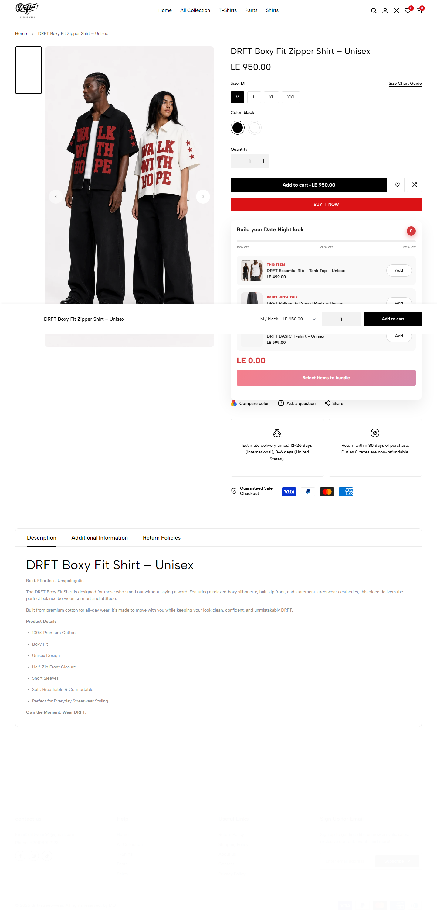 DRFT Shopify product page with size and color choices