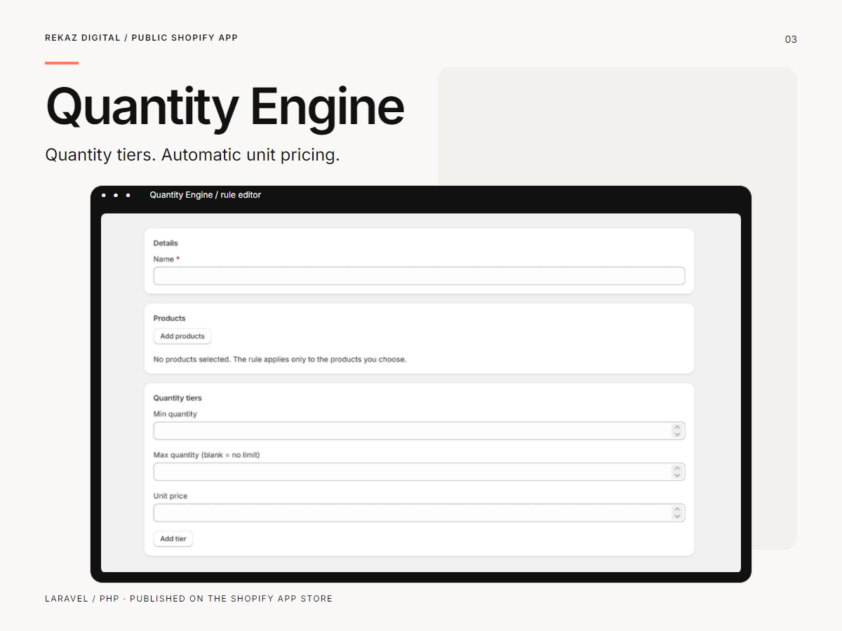 Quantity Engine public Shopify application quantity tier rule editor